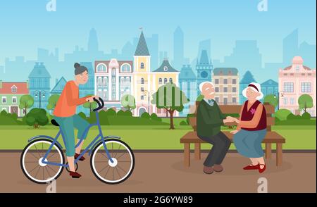 Les gens passent du temps dans l'illustration vectorielle du parc de la ville. Paysage urbain animé avec des personnages de couple âgés assis sur un banc ensemble, tenant les mains, une femme en vélo, faisant du vélo sur fond de route Illustration de Vecteur