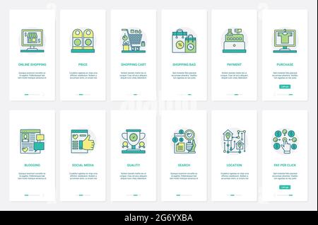 Illustration vectorielle de la promotion de la technologie d'achat en ligne. UX, UI Onboarding mobile application page écran set avec ligne facile paiement, blogging, les médias sociaux offre de publicité, emplacement de recherche et public Illustration de Vecteur