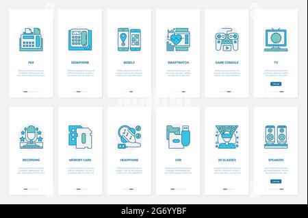 Appareils électriques pour la maison et l'illustration vectorielle de bureau. UX, UI Onboarding mobile application page écran set avec ligne de téléphone portable de bureau fax, montre intelligente, manette de console de jeu, microphone et casque Illustration de Vecteur