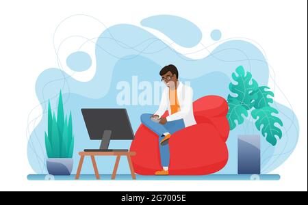 Les gens jouent à la console de jeux vidéo à la maison illustration vectorielle. Personnage de gamer de dessin animé jeune homme assis dans un fauteuil confortable, tenant la manette de jeu dans les mains et jouant isolé sur blanc Illustration de Vecteur