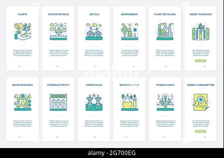ECO transport, écologie environnement technologie verte illustration vectorielle. UX, UI Onboarding mobile application page écran set avec science de ligne biotechnologie renouvelable, énergie hydroélectrique, usine de recyclage Illustration de Vecteur