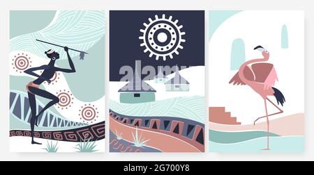 Village africain, décoration ethnique traditionnelle dans art mural décor illustration vectorielle. Cartoon flamingo, peuple aborigène tenant la lance, maisons folkloriques indigènes hutte dans le papier peint africain Illustration de Vecteur