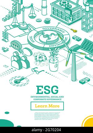 Concept ESG de l'environnement, de la société et de la gouvernance. Illustration vectorielle. Développement durable. Concept de contour isométrique. Couleur verte. Alternative Illustration de Vecteur