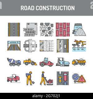 Jeu d'icônes de lignes de construction routière. Elément vectoriel isolé. Pictogrammes de contour pour la page Web, l'application mobile, la promotion. Contour modifiable. Illustration de Vecteur