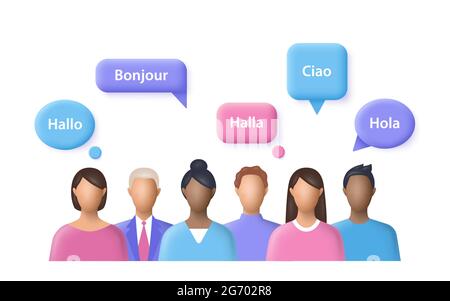 Langue maternelle. Les gens disent bonjour dans différentes langues internationales. illustration vectorielle 3d. Illustration de Vecteur