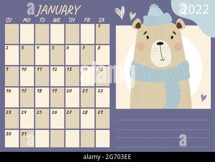 Modèle de calendrier horizontal pour janvier 2022. Joli ours d'hiver dans un chapeau et une écharpe. Illustration vectorielle. Semaine du dimanche. Papeterie pour Desi Banque D'Images