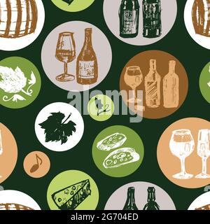 Dessin de la barre à vin vert vectoriel en cercles motif d'arrière-plan sans couture avec du pain et du fromage. Convient pour le textile, l'emballage cadeau et le papier peint. Illustration de Vecteur