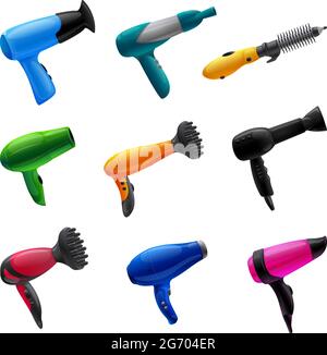 Les icônes du sécheur définissent le vecteur de dessin animé. Sèche-cheveux Illustration de Vecteur