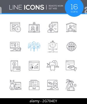 Travail à distance - jeu d'icônes de style de conception de ligne. Idée de bureau en ligne et de bureau à domicile. Vidéoconférence, chat, workflow, équipe. Échéance, contrat, analyse, Illustration de Vecteur