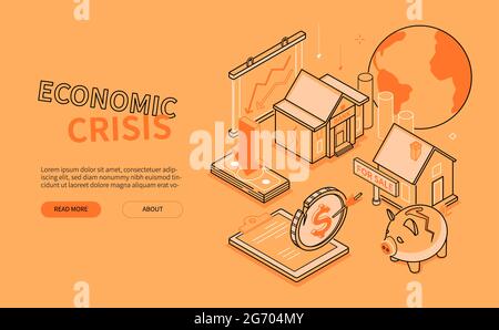 Crise économique - style de conception de ligne bannière web isométrique. En-tête des échecs et des investissements financiers non fiables. Maison à vendre, baisse des taux de change, Illustration de Vecteur