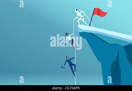 Vecteur d'un robot aidant les gens d'affaires à monter au sommet de la montagne Illustration de Vecteur