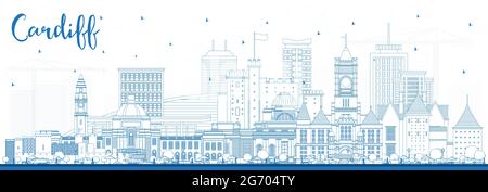 Outline Cardiff Wales City Skyline avec Blue Buildings. Illustration vectorielle. Cardiff UK Cityscape avec des sites touristiques. Voyages d'affaires et tourisme Illustration de Vecteur