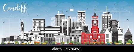 Cardiff Wales City Skyline avec bâtiments couleur et ciel bleu. Illustration vectorielle. Cardiff UK Cityscape avec des sites touristiques. Voyages d'affaires et tourisme. Illustration de Vecteur