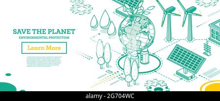 Sauver la planète. Modèle de globe à mains libres. Concept isométrique. Protection de l'environnement. Panneaux solaires. Eau propre. Jour de la Terre. Illustration vectorielle. Illustration de Vecteur