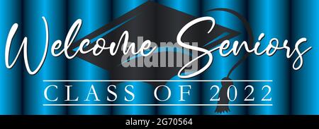 Bienvenue Seniors classe de 2022 bannière fond bleu avec chapeau de graduation Illustration de Vecteur