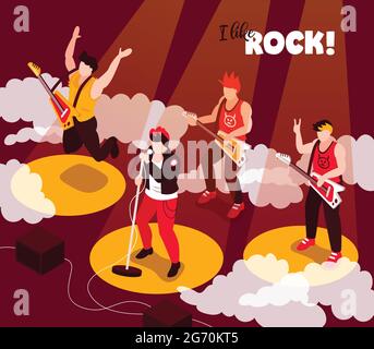 Rock punk musiciens performance de groupe composition isométrique avec chanteur guitaristes haut-parleurs stéréo rayons de spot illustration vectorielle d'arrière-plan Illustration de Vecteur