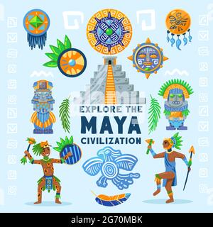 La civilisation Maya organigramme de composition d'arrière-plan avec le texte entouré par les anciens idoles caractères hiéroglyphes et illustr de vecteur de bijoux traditionnels Illustration de Vecteur