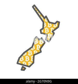 Carte du pays de la Nouvelle-Zélande avec logo en bitcoin crypto-monnaie Illustration de Vecteur