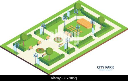 Composition isométrique de parc de ville avec texte urbain jardin public avec bancs buissons et illustration vectorielle de scène de performance extérieure Illustration de Vecteur