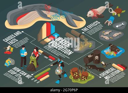 Graphiques infographiques de la pollution de l'eau contexte avec des informations sur les causes faits et les effets de catastrophes environnementales illustration vectorielle isométrique Illustration de Vecteur