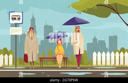 Les personnes portant un pardessus attendant à l'arrêt de bus sous des parasols par temps pluvieux composition plate paysage urbain illustration vectorielle de fond Illustration de Vecteur