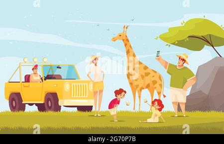 Hors route safari aventures de conduite plat composition avec la jeune famille avec les enfants faisant girafe photos illustration vectorielle Illustration de Vecteur