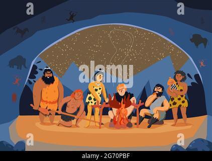 Les hommes primitifs de famille cuisant de la viande au feu dans la grotte dessin animé illustration vectorielle Illustration de Vecteur