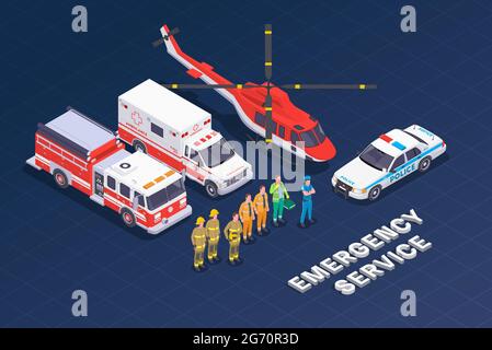 Composition isométrique du service d'urgence avec images de véhicules spéciaux avec des personnes dans une illustration vectorielle de texte uniforme et modifiable Illustration de Vecteur