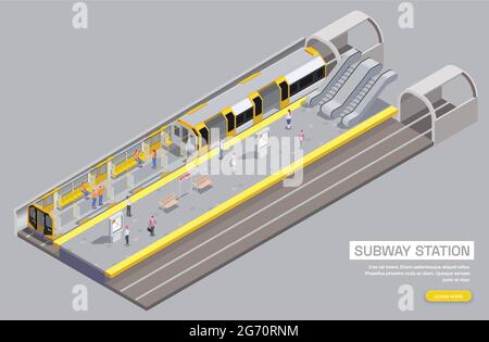 Station de métro et intérieur de la voiture avec escalier roulant sièges bancs passagers 3D Isométrique vecteur illustration Illustration de Vecteur