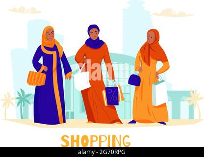 Flat arabs femmes shopping composition avec trois femmes à l'illustration vectorielle du centre commercial Illustration de Vecteur