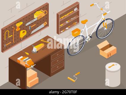 Atelier d'outils de construction arrière-plan avec symboles d'équipement de travail illustration vectorielle isométrique Illustration de Vecteur