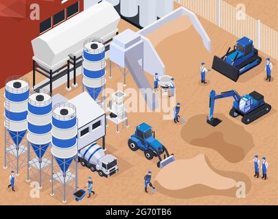 Production de ciment de béton coloré et plat composition isométrique avec des travailleurs sur l'illustration vectorielle de production Illustration de Vecteur