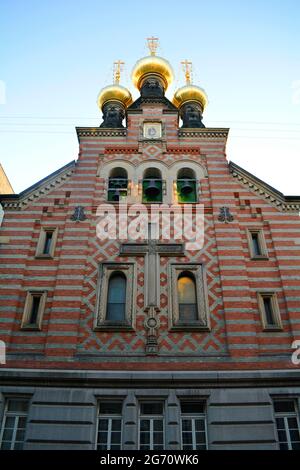 Copenhague, Danemark - juillet 2021 : extérieur de l'église Alexandre Nevsky (Skt. Aleksander Nevskij Kirke) le soir. Banque D'Images