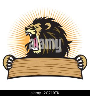 Modèle vectoriel de bannière vierge avec logo de la mascotte de sport Lion Roaring Illustration de Vecteur