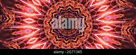 Abstrait 3D rendu rouge art graphique symbole mandala bannière. Illustration 3D rose rouge dégradé kaléidoscope fond concept texture sans couture decora Banque D'Images