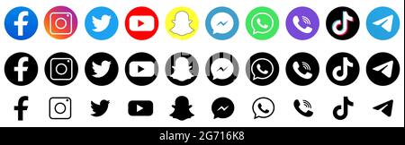 Vinnytsia, Ukraine - 6 juillet 2021. Ensemble de logos populaires sur les réseaux sociaux. Facebook, instagram, twitter, youtube, snapchat, whatsap, viber, tik tok, telegra Illustration de Vecteur