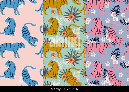 Définissez un motif Vector sans coutures avec de jolis tigres aux feuilles tropicales et aux plantes exotiques sur un fond pastel. Tissu tendance. Idéal pour les murs Illustration de Vecteur