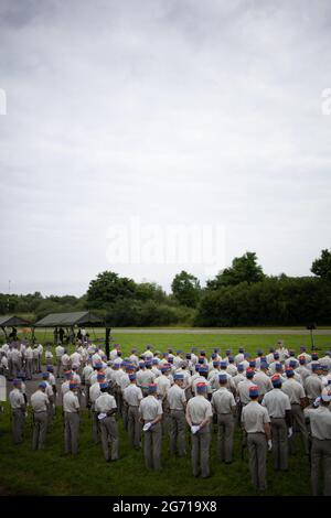 Versailles, France. 09e juillet 2021. Les troupes participent à une répétition de la Bastille Day Parade du 14 juillet des troupes à pied dans la base militaire Satoire de Versailles, près de Paris, le 9 juillet 2021. Photo de Raphael Lafargue/ABACAPRESS.COM crédit: Abaca Press/Alay Live News Banque D'Images