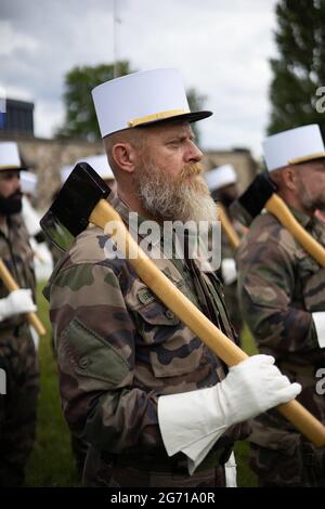 Versailles, France. 09e juillet 2021. Les troupes participent à une répétition de la Bastille Day Parade du 14 juillet des troupes à pied dans la base militaire Satoire de Versailles, près de Paris, le 9 juillet 2021. Photo de Raphael Lafargue/ABACAPRESS.COM crédit: Abaca Press/Alay Live News Banque D'Images