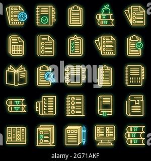Jeu d'icônes de plan de cours. Ensemble de contours des icônes vectorielles du syllabus de couleur néon sur le noir Illustration de Vecteur