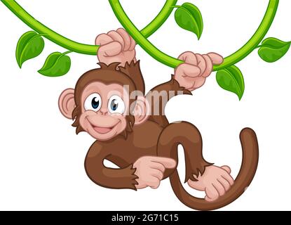 Monkey chantant sur Jungle Vines Pointing Cartoon Illustration de Vecteur