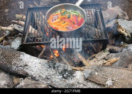 Vue de dessus des légumes frits dans une poêle sur le feu de camp Banque D'Images