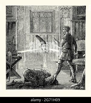 Une ancienne gravure d'une illusion théâtrale victorienne de "personne sans tête". C'est à partir d'un livre des années 1890 sur les découvertes et les inventions au cours des années 1800. L'époque était l'âge de l'illusionniste. Une armoire est retirée pour révéler la tête fantôme sur une colonne. En réalité, un acteur est éclairé par une source de lumière et, par des miroirs inclinés, est projeté sur la scène comme une présence fantôme. Il a été réalisé à l'École Polytechnique royale par le professeur John Henry Pepper. Pepper a tout d'abord inventé sa célèbre « véritable histoire du fantôme de Pepper » en 1862 pour un public à la Royal Polytechnic de Londres. Banque D'Images