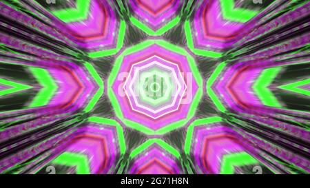 Illustration 3D 4K UHD de différentes formes géométriques illuminant avec des lumières néon rose et vert vif et formant un ornement abstrait à l'intérieur du tunnel Banque D'Images