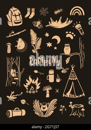 Camping dessiné à la main mignons éléments vectoriels sur fond sombre Illustration de Vecteur