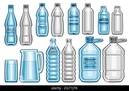 Ensemble de bouteilles d'eau Vector, collection de lots d'illustrations découpées bouteilles en plastique et en verre assorties avec couvercle en métal, verseuse bleue et verre et plastique Illustration de Vecteur