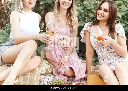 Par dessus les amies anonymes se clinquant des verres de vin tout en étant assis sur des couvertures près des assiettes avec des fruits pendant le pique-nique Banque D'Images