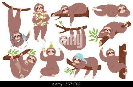 Adorable sloth. Joyeux paresseux paresseux dormant, accroché à la branche, à l'écoute de la musique. Drôle d'animaux jeunes dans diverses poses Cartoon vecteur ensemble. Personnage avec bébé, joueur, cocktail et oreiller Illustration de Vecteur
