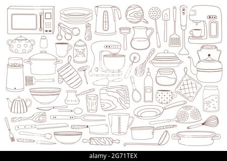 ustensiles de cuisine Doodle. Appareil de cuisson et de cuisson à la main, cuillère, fouet, four à micro-ondes, couteaux. Vaisselle, cuisine ustensile Doodles ensemble vectoriel. Outils et appareils pour les tâches ménagères Illustration de Vecteur