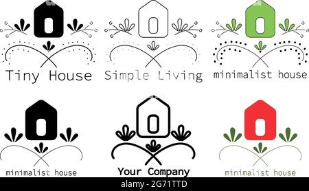 Ensemble de petite maison en bois écologique minimaliste dans la nature avec des plantes et des fleurs. Logo vectoriel et icône pour le Web, la conception d'entreprise. Illustration de Vecteur